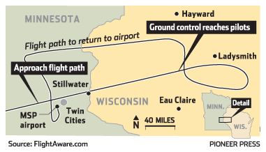 Map of Northwest Flight 188 - Courtesy Pioneer Press